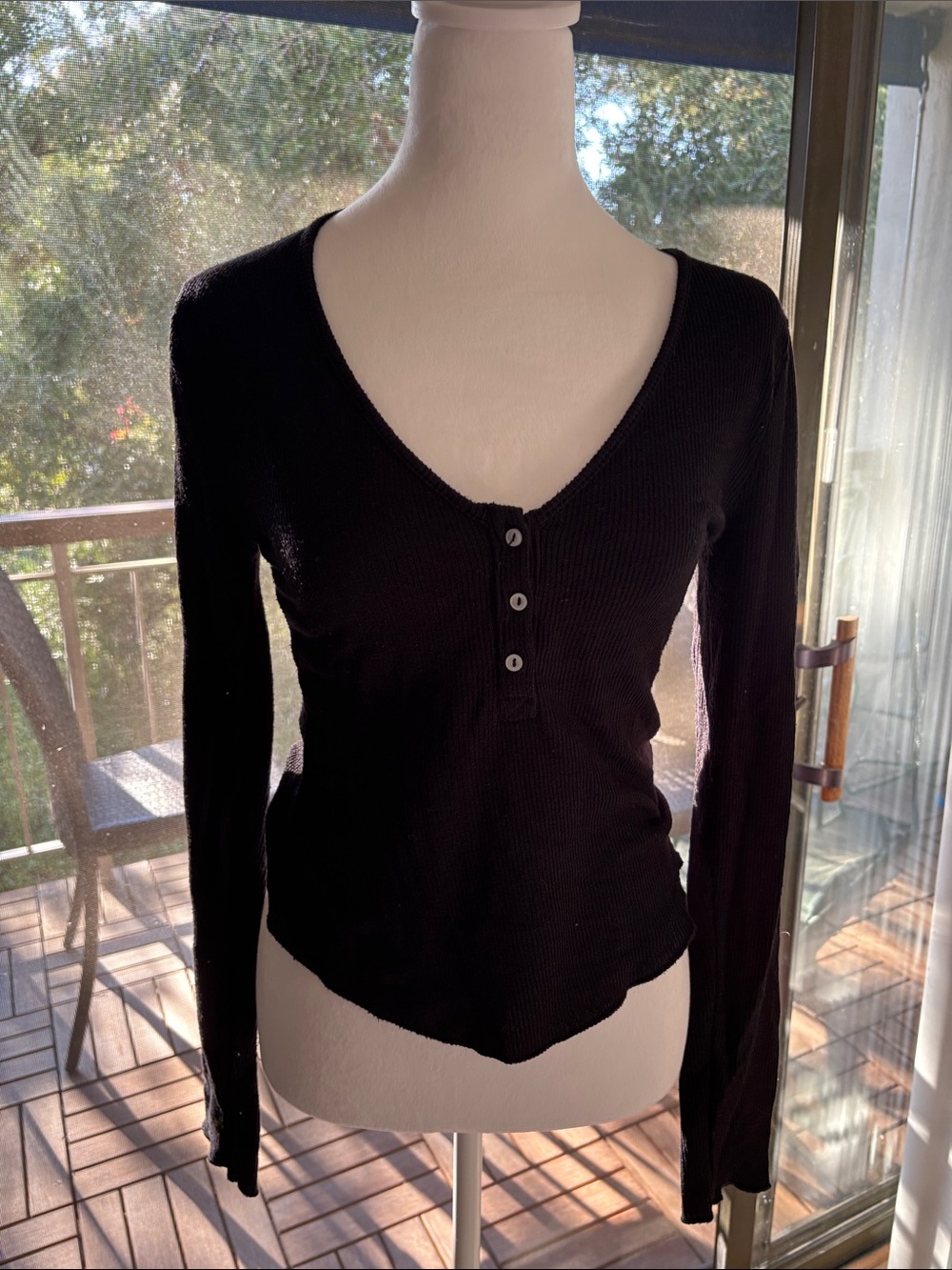 Free People Black Ribbed Long-Sleeve V-Neck Henley
